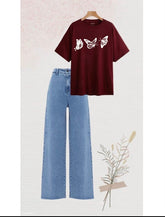 Maroon colour shirt(butterfly) print with sky blue wide leg jeans